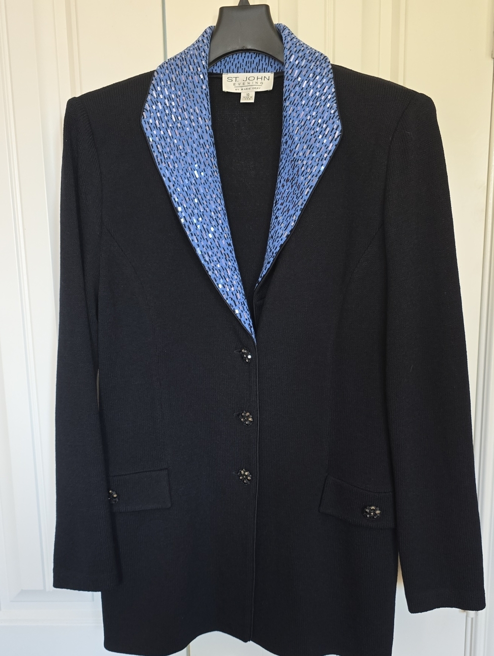 St. John Black Blazer with Blue Patterned Shawl Collar